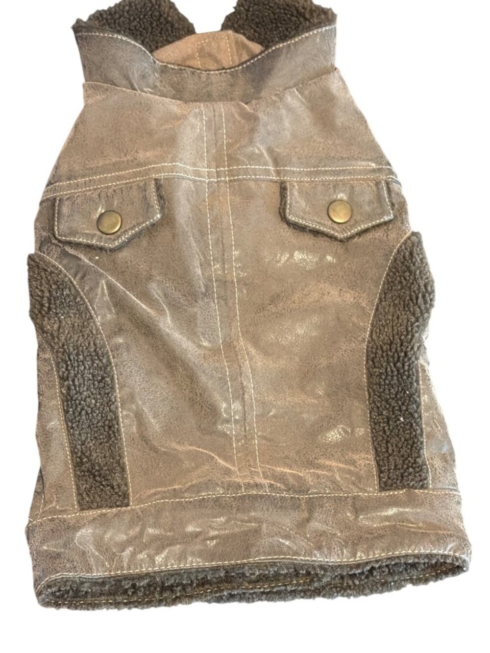 Brown Dog Jacket Faux Leather Shell Lining Snap Pockets Polyester Size S